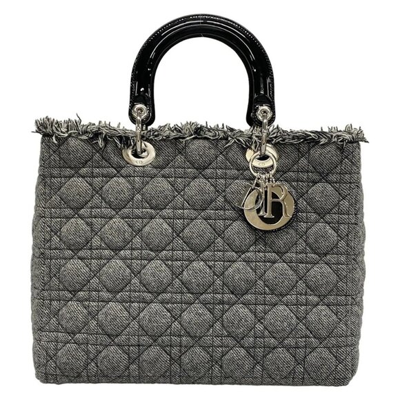 Auth DIOR/ChristianDior Lady Dior Large Bag Gray Black Wool Patent Leather - Picture 1 of 16